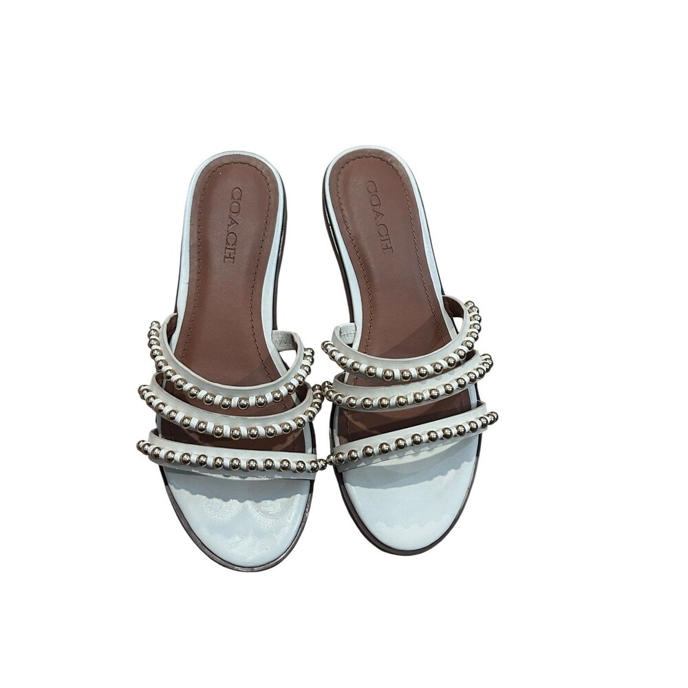 Coach White Gold-Beaded Isa Studded Strappy Flat Slide   leather Sandals 7.5